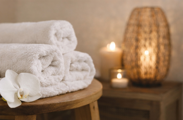 Wooden tray with massage oil, Himalayan salt, and soft spa elements