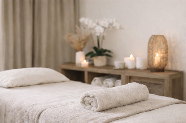 Calm massage table in a warm, neutral-toned treatment room