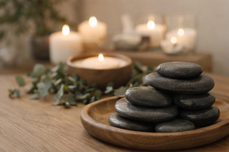 Smooth basalt hot stones arranged on a wooden tray with soft lighting